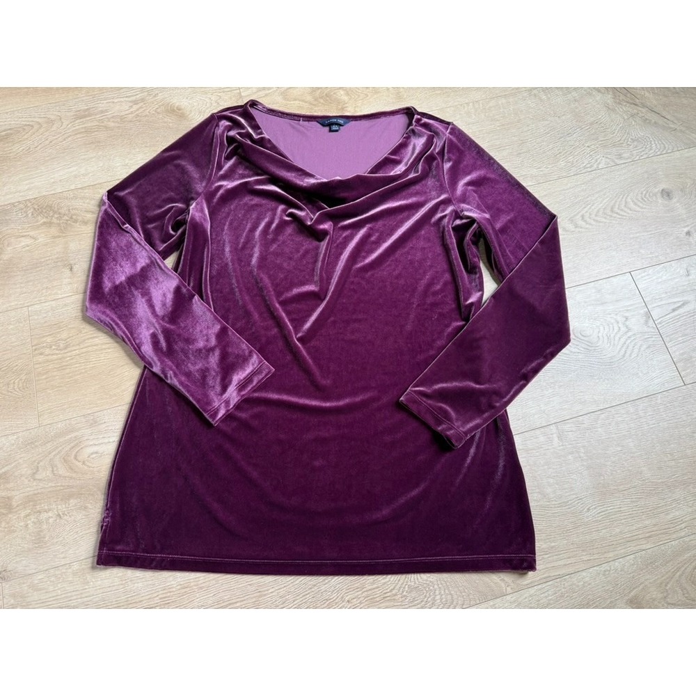 NWOT Lands End Tunic Top Draped Neck Purple Wine Color Stretchy Velvet / L 14-16